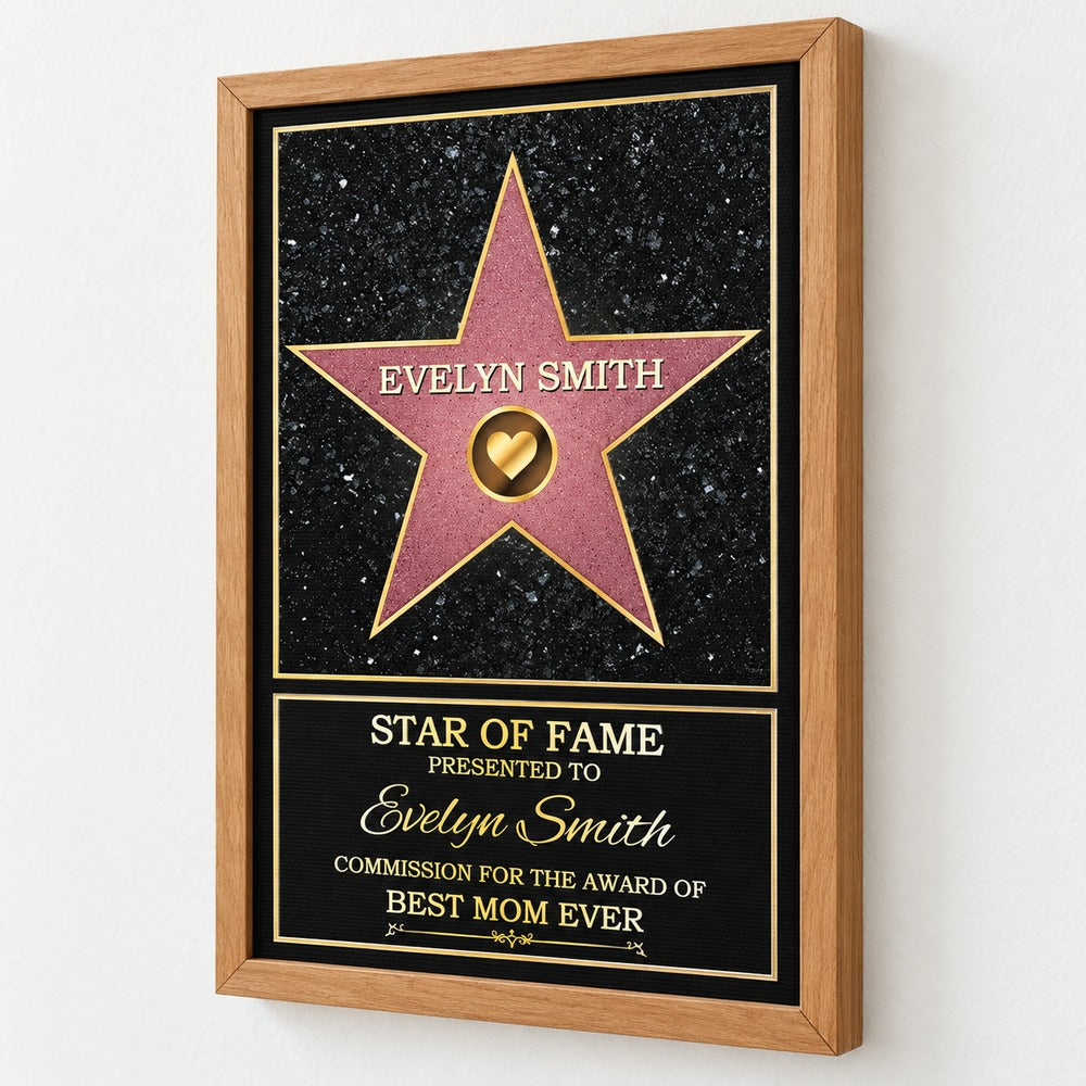 Close-up detail of canvas texture and wood frame on Star of Fame personalized mom print
