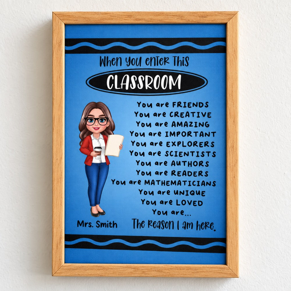 Close-up detail of canvas print texture and natural wood frame for teacher classroom sign