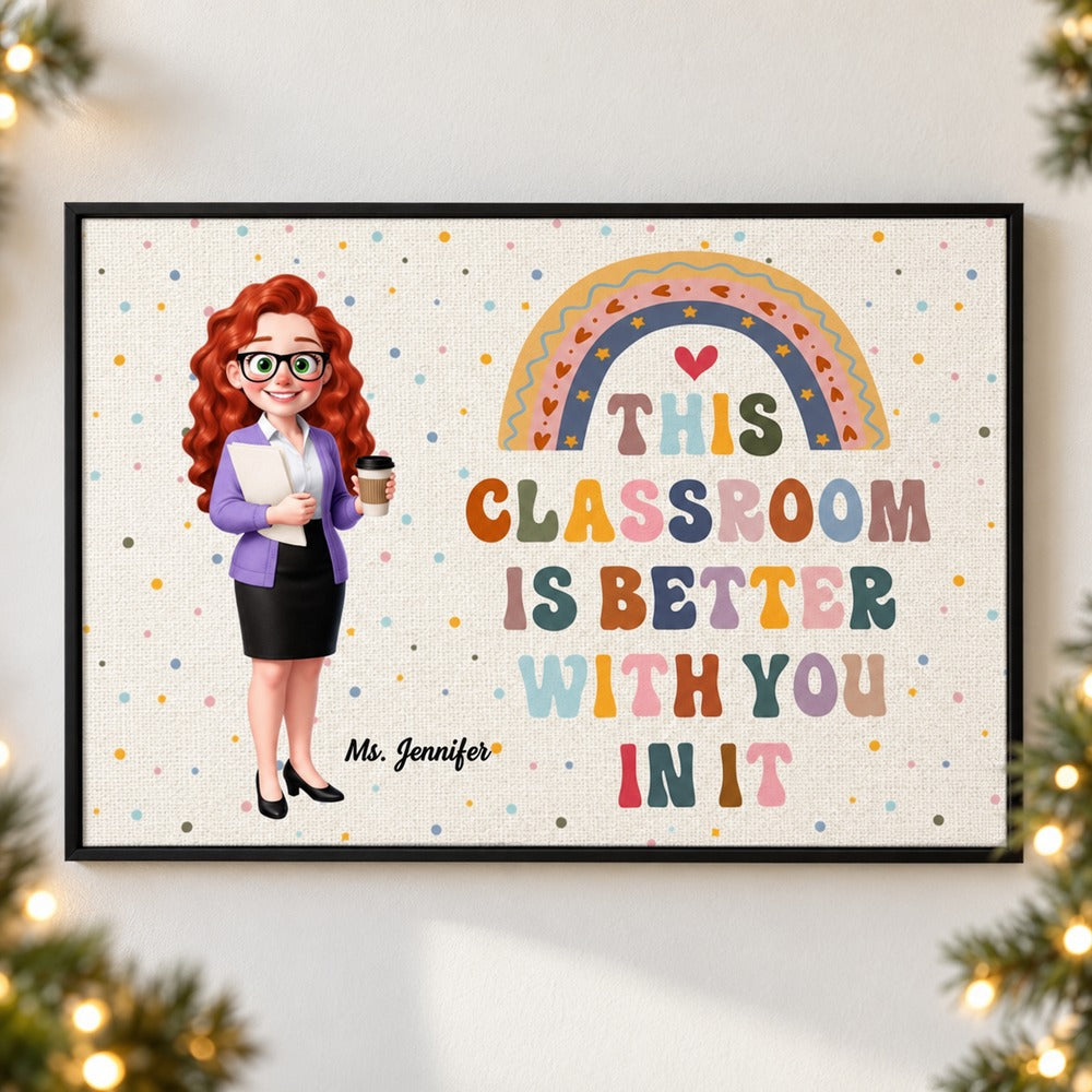 Custom teacher classroom canvas print on wall with festive pine greenery and warm holiday fairy lights