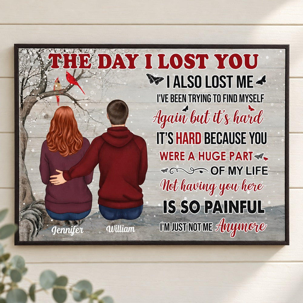 Personalized sympathy canvas gift hanging on a bright shiplap wall