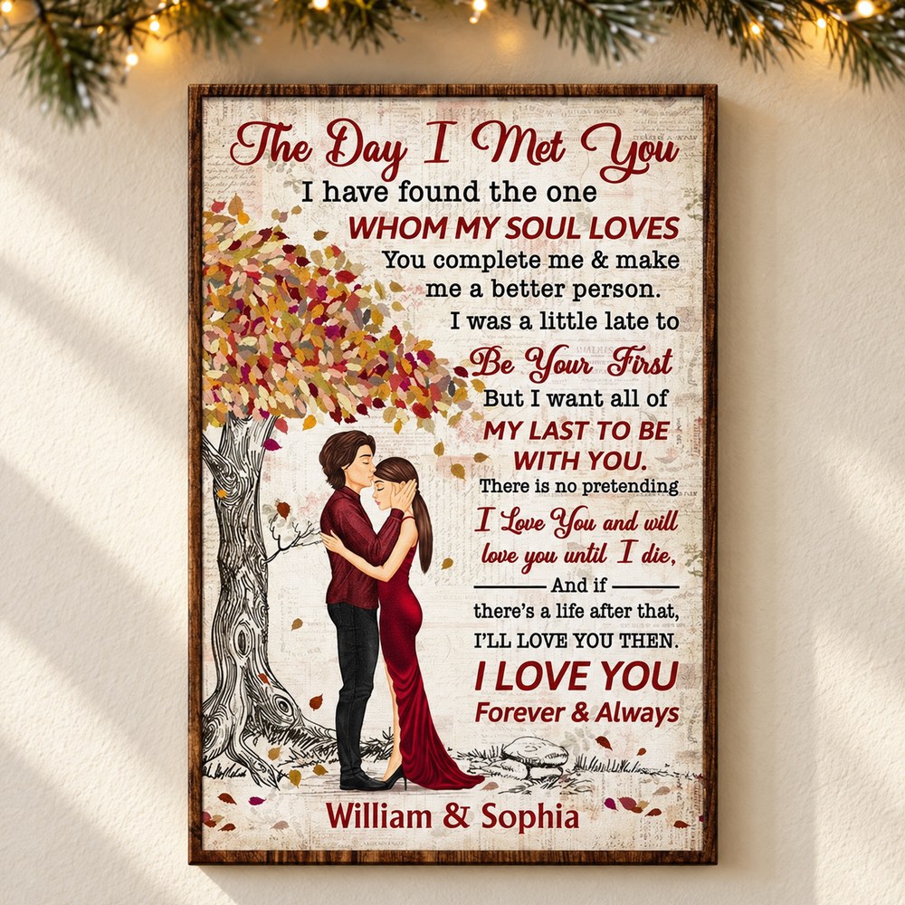 The Day I Met You personalized couple vertical canvas on wall with holiday garland and warm lights