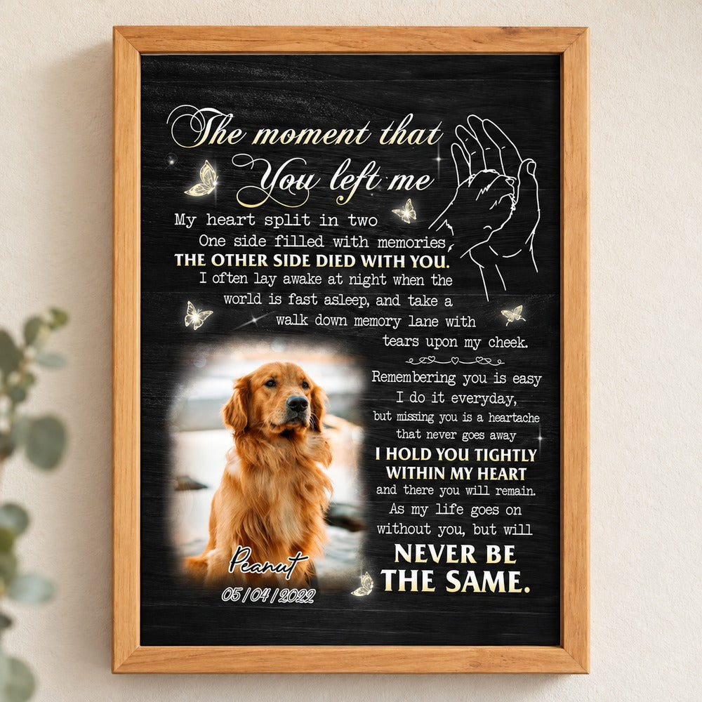 Custom dog memorial canvas print with poem displayed on neutral home wall