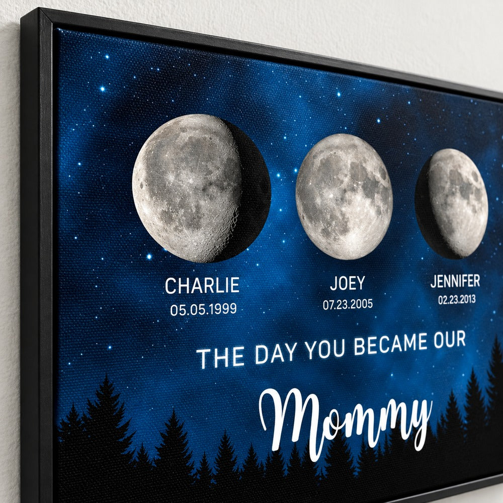 Close-up detail of personalized moon phase canvas texture and printed child name