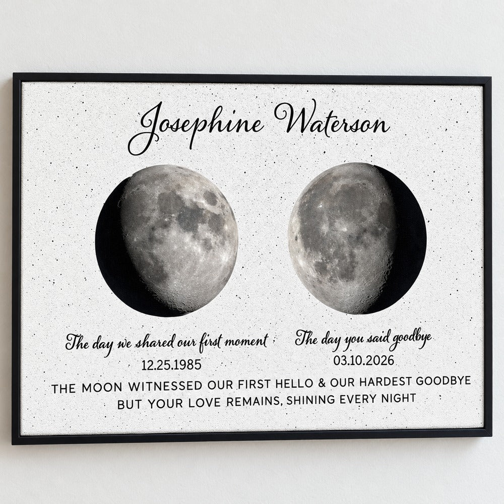 Close-up detail of personalized memorial moon phase canvas texture and black frame