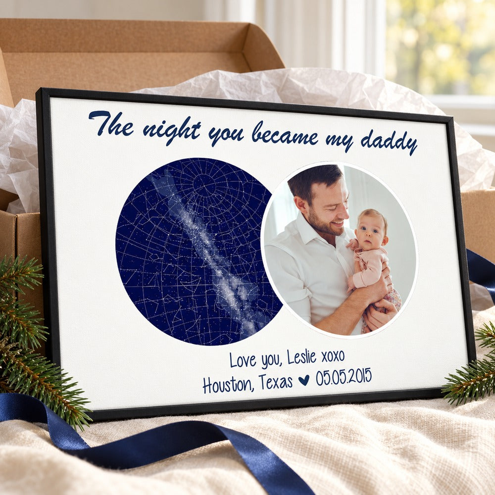 Personalized Night You Became My Daddy canvas print presented with gift box and navy ribbon