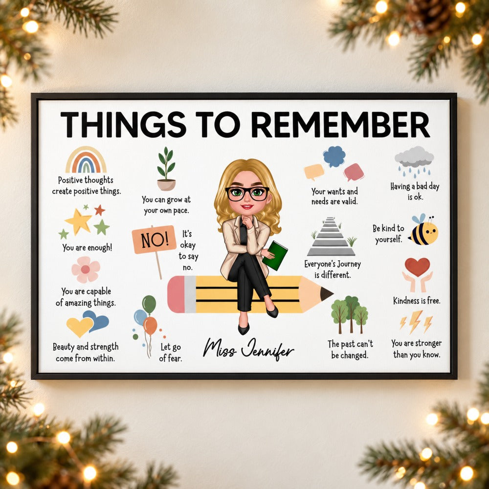 Custom Miss Jennifer teacher canvas wall art surrounded by festive pine garland and warm fairy lights