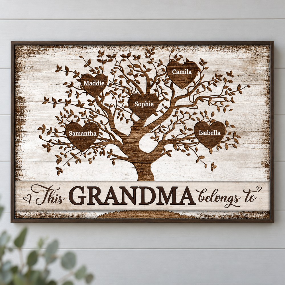 Personalized Grandma family tree canvas print displayed on a light gray shiplap wall
