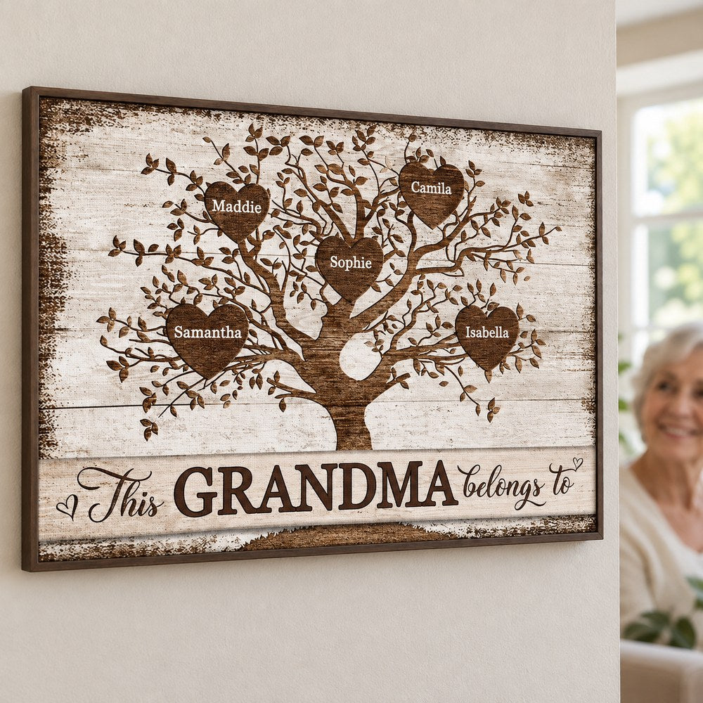 Close-up of canvas texture and personalized heart names on Grandma family tree wall art