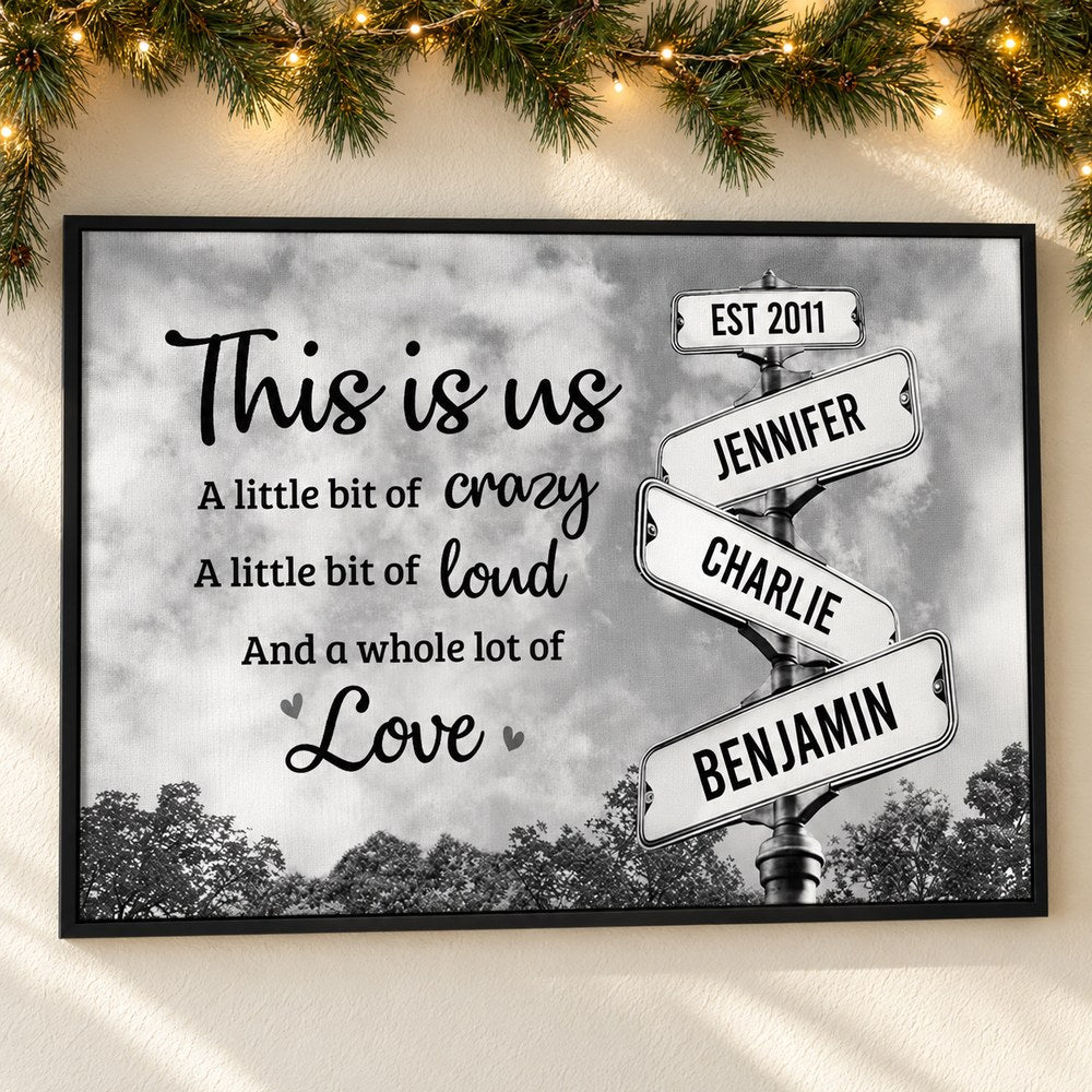 Personalized This Is Us family street sign canvas on wall with holiday garland