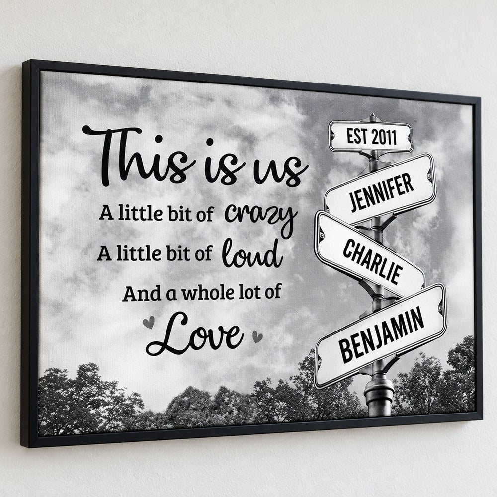 Close up detail of personalized family street sign canvas texture and frame