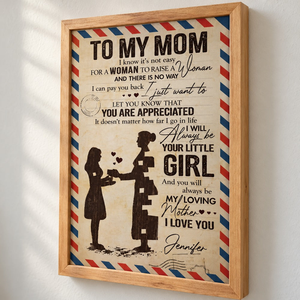 Close up detail of wood frame and airmail border on personalized Mom canvas print