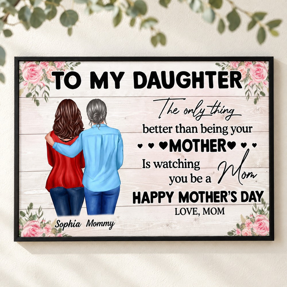 To My Daughter From Mom personalized framed canvas hanging on a bright cream wall with soft greenery