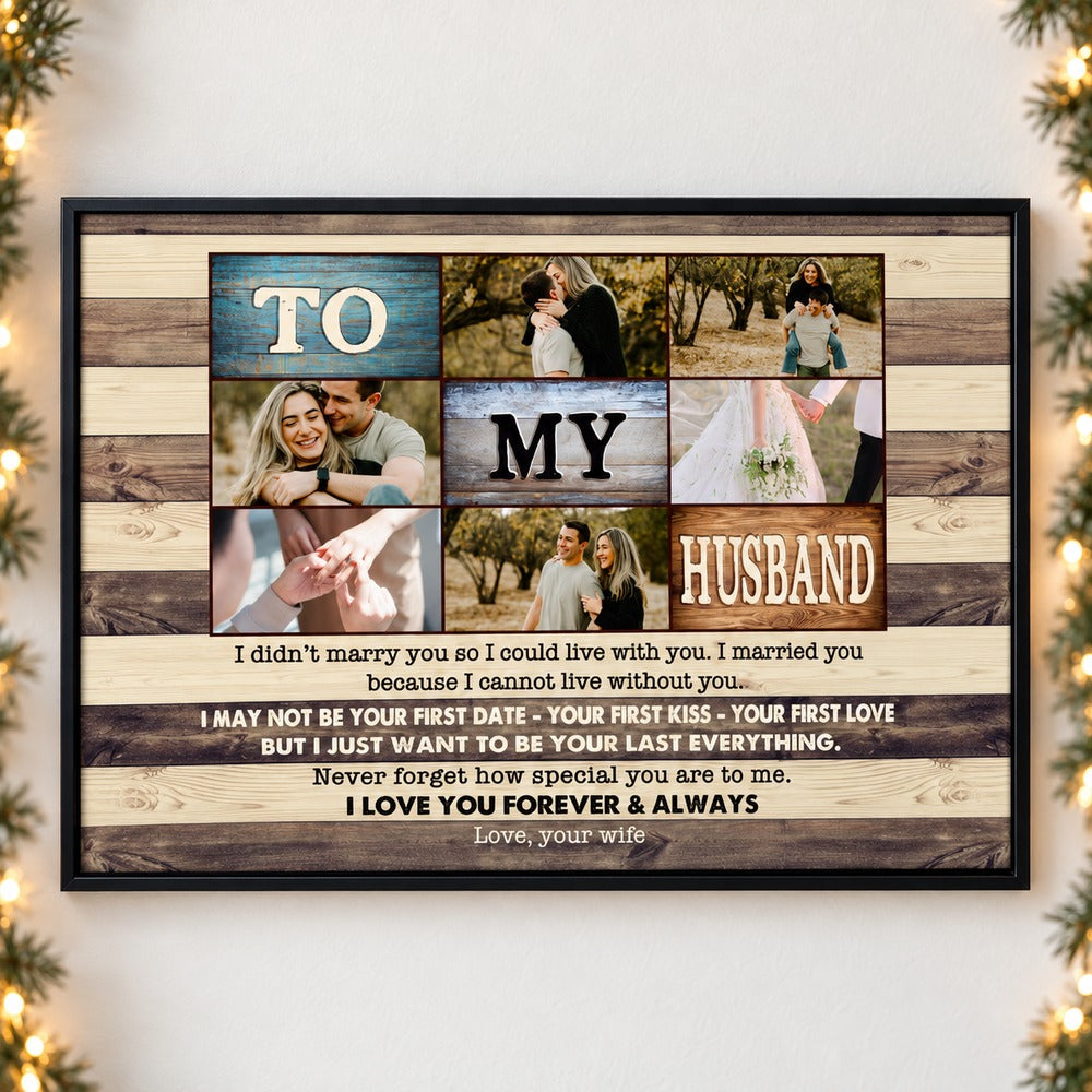 Custom photo To My Husband framed canvas on wall with soft holiday greenery and fairy lights