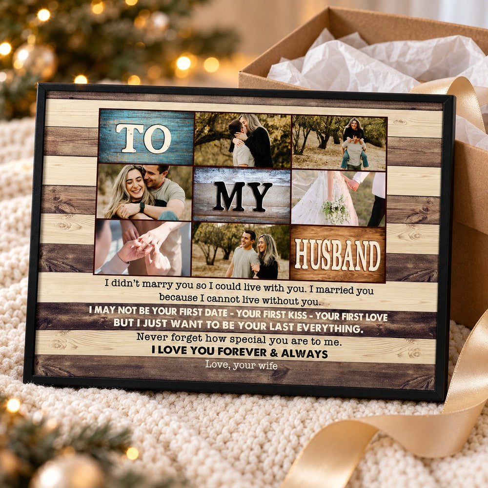 Personalized To My Husband photo canvas next to open gift box with ribbon and tissue paper