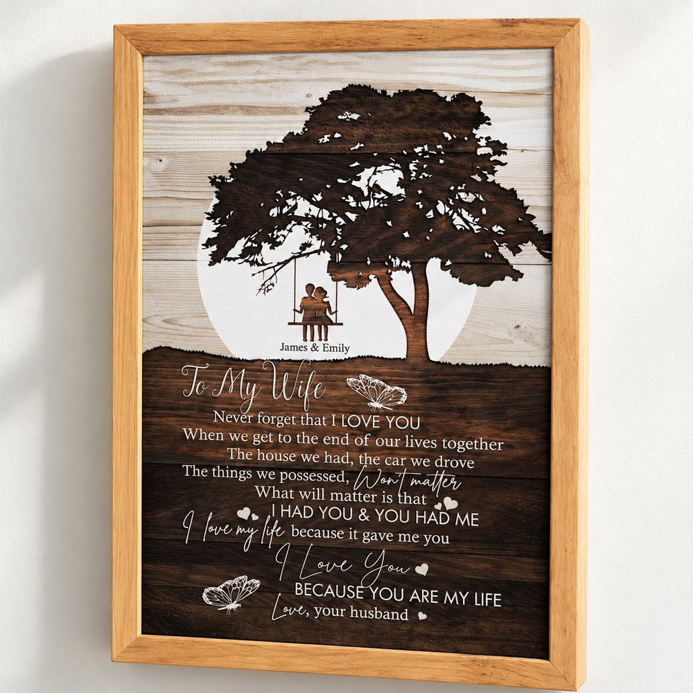 Close-up detail of canvas texture, wood frame, and printed poem on To My Wife canvas print