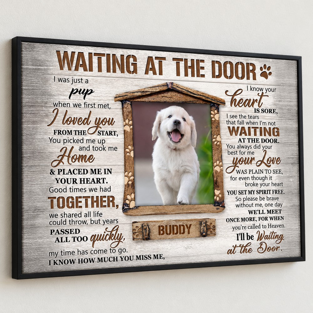 Close-up detail of canvas texture and printed wooden frame on the Waiting At The Door memorial canvas