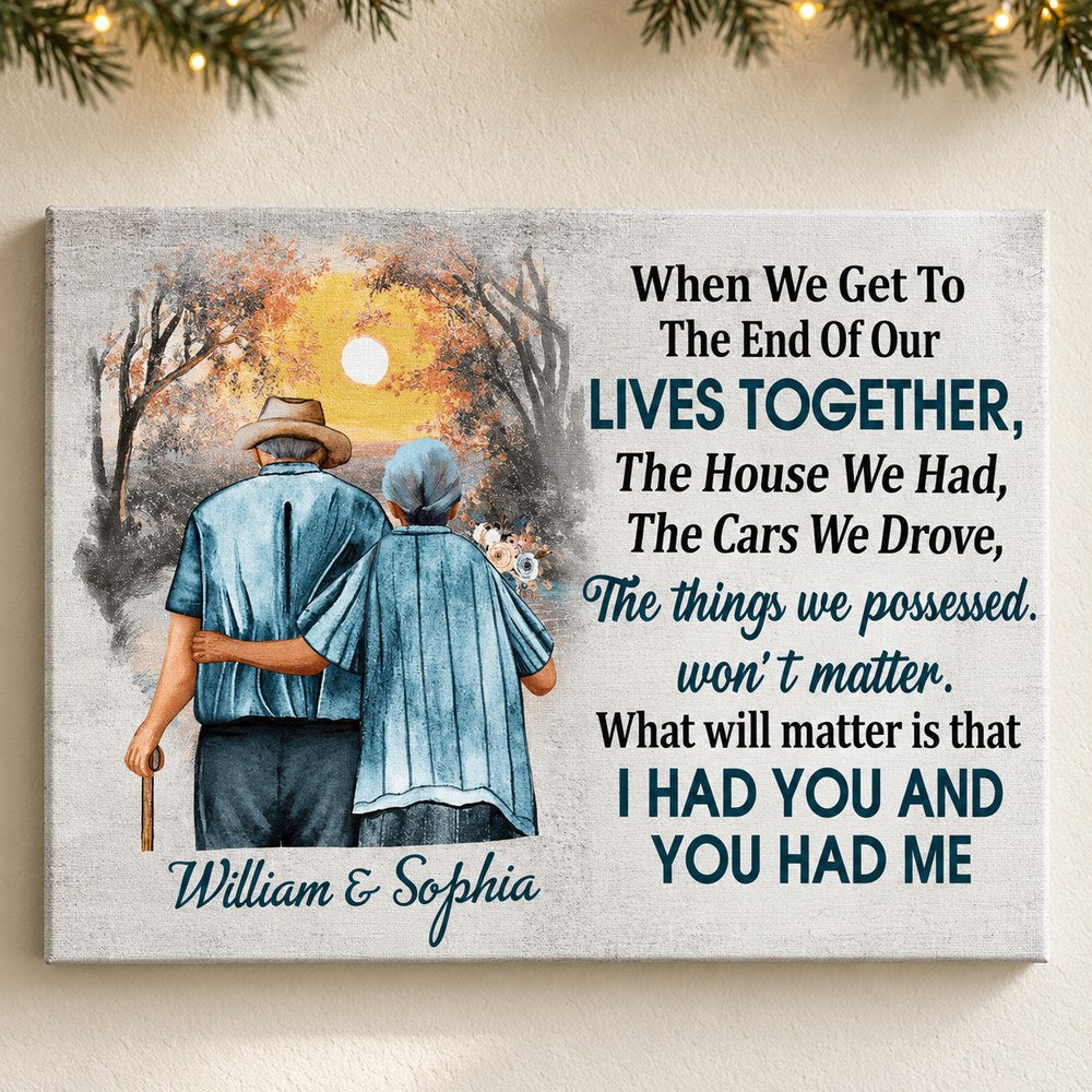 Together To The End personalized couple canvas print hanging on wall with holiday garland