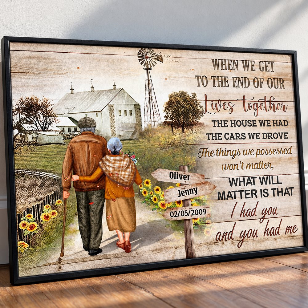 Close-up detail of personalized names and date on the sunflower signpost of the canvas print