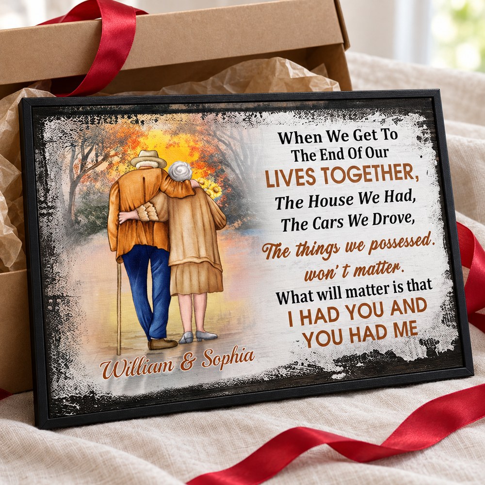Personalized grandparent couple canvas print next to holiday gift box and red ribbon