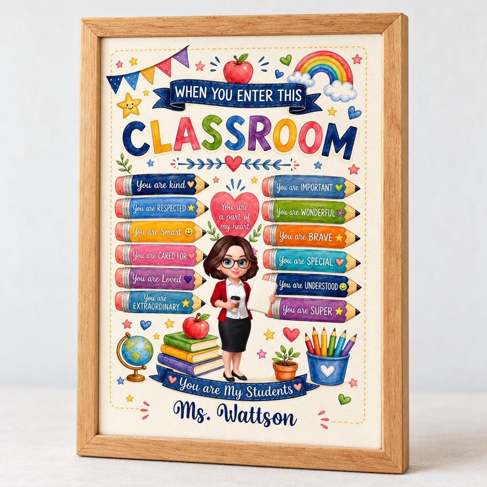Close-up detail of canvas texture and wood frame on personalized teacher wall art