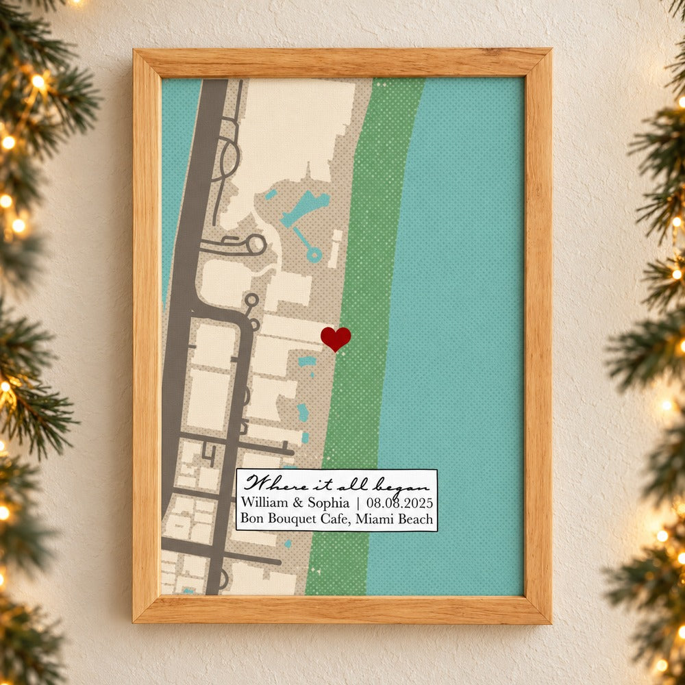 Personalized Where It All Began map framed canvas on wall with holiday garland and lights