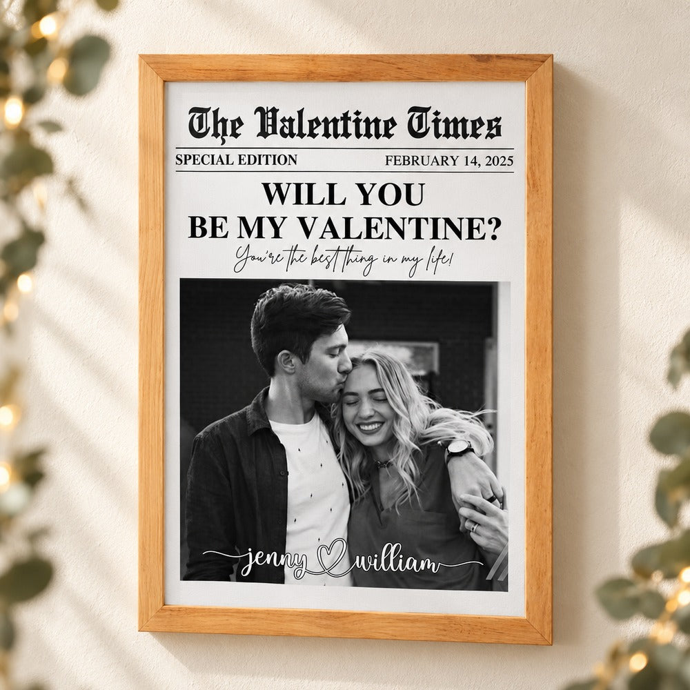 Will You Be My Valentine personalized framed canvas print hanging on a cream wall with soft greenery