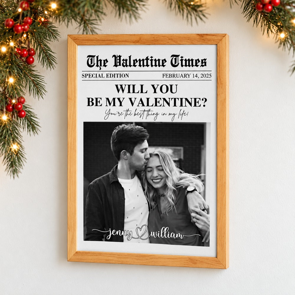Personalized Valentine newspaper canvas print on wall with festive garland and warm holiday lights