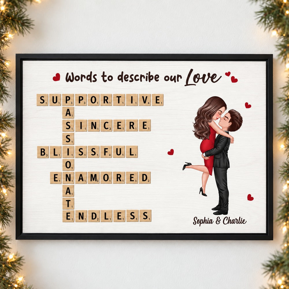 Personalized couple crossword canvas in black frame on wall with holiday garland