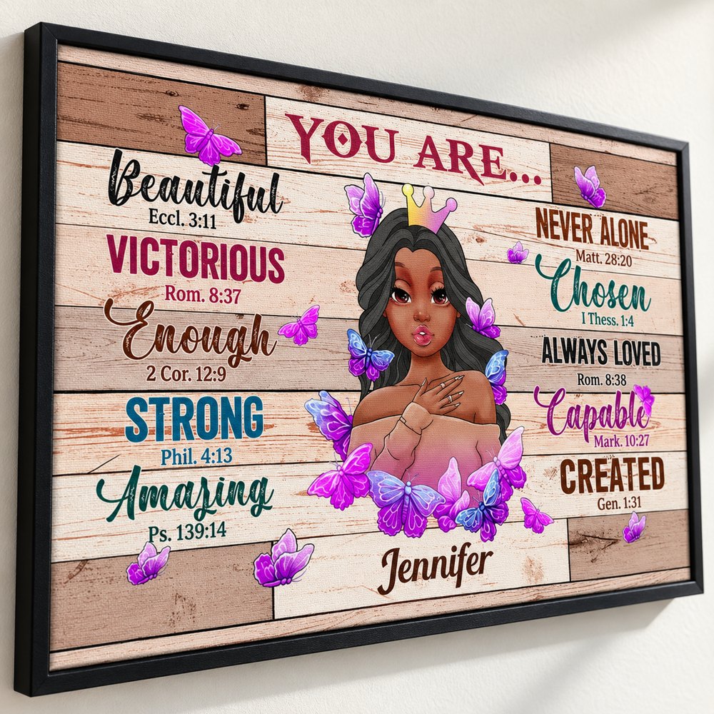 Close-up detail of canvas texture and purple butterflies on personalized Christian wall art
