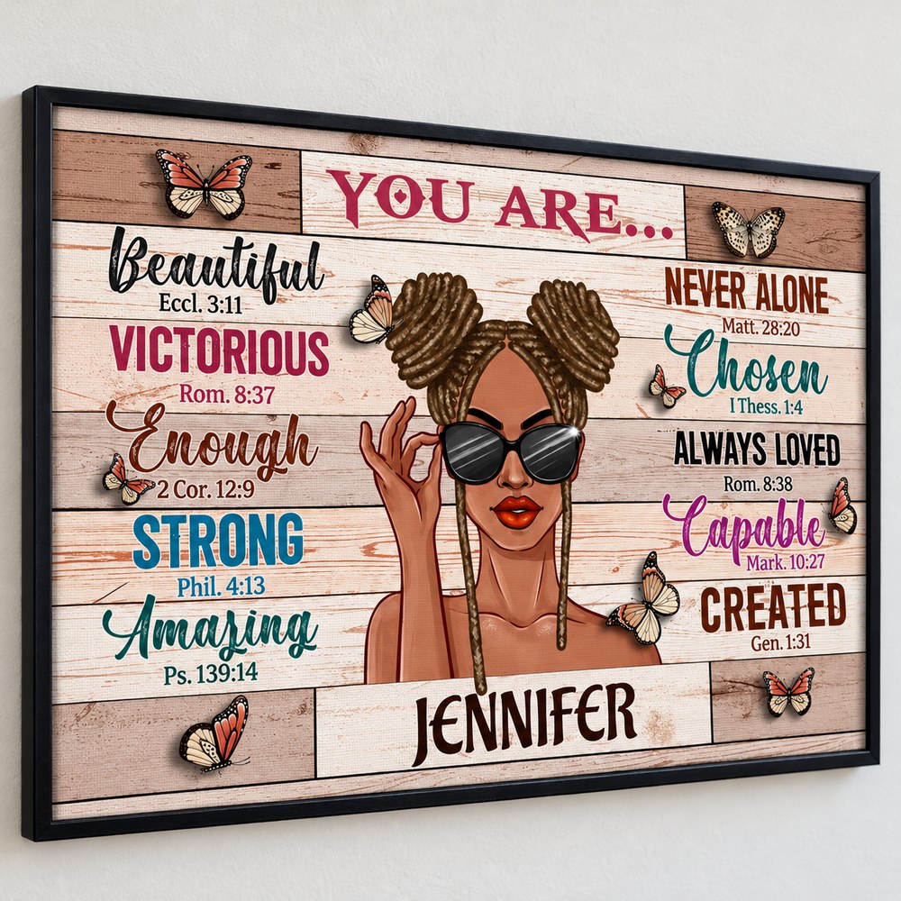 Close-up detail of canvas weave texture and printed affirmations on the personalized Black woman wall art