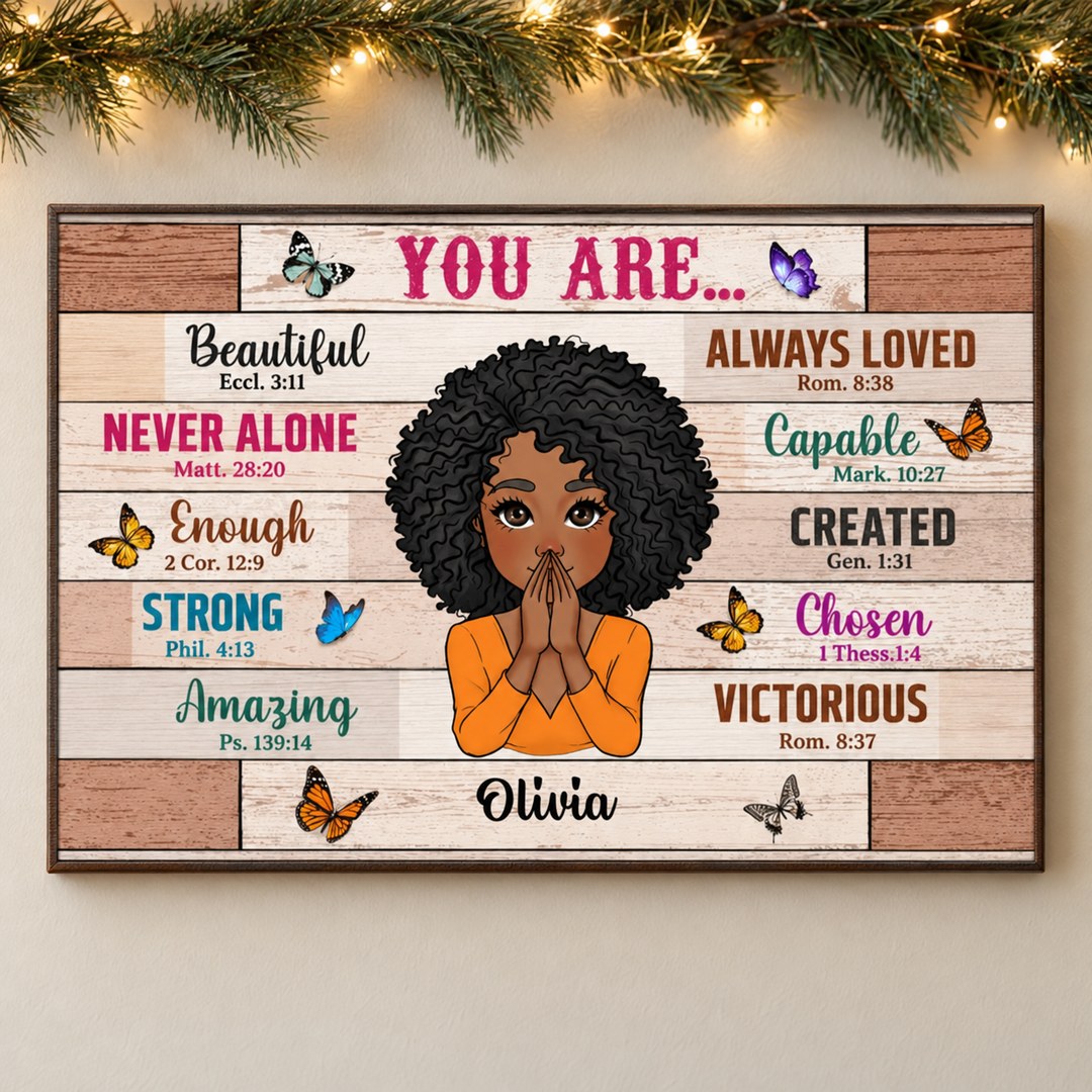 Custom Bible verse canvas wall art for Olivia hanging on wall with holiday garland