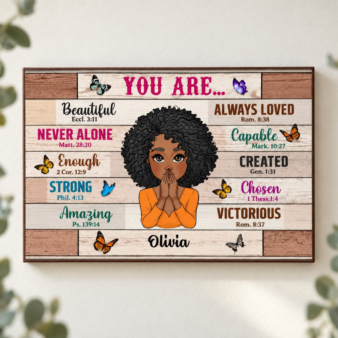 Personalized Christian inspirational canvas print displayed on a bright neutral wall