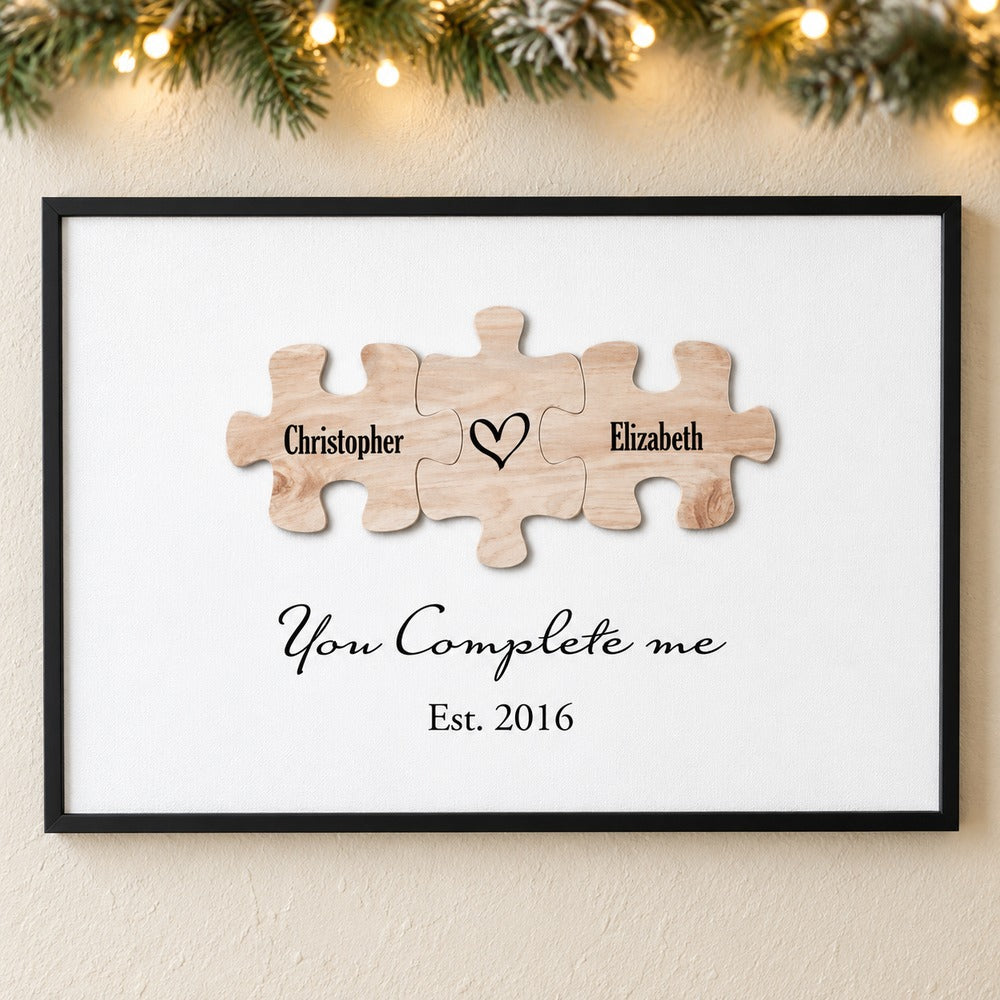 You Complete Me personalized couple puzzle canvas print on wall with holiday garland