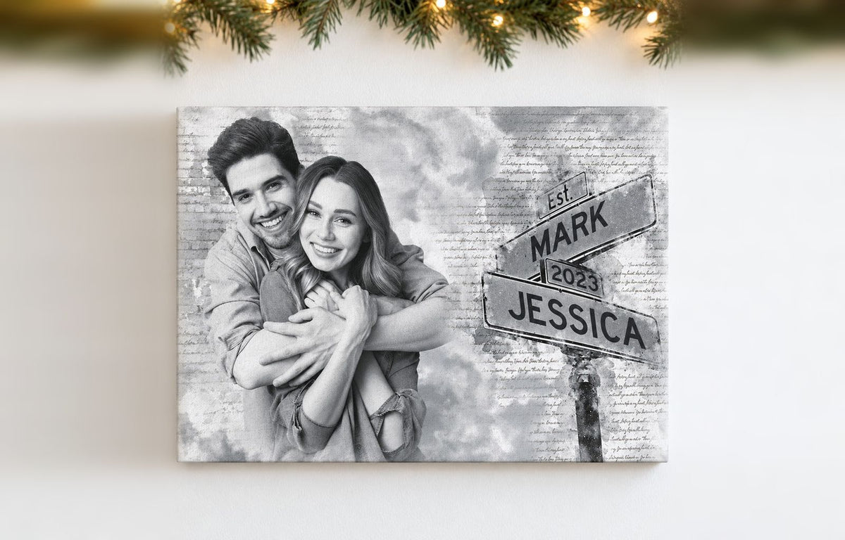 Personalized black and white couple photo canvas with street sign names and year on a living room wall