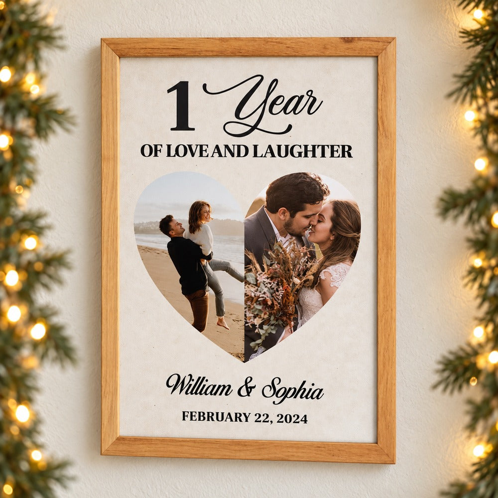 Custom 1 Year Of Love And Laughter framed canvas print on wall with holiday garland
