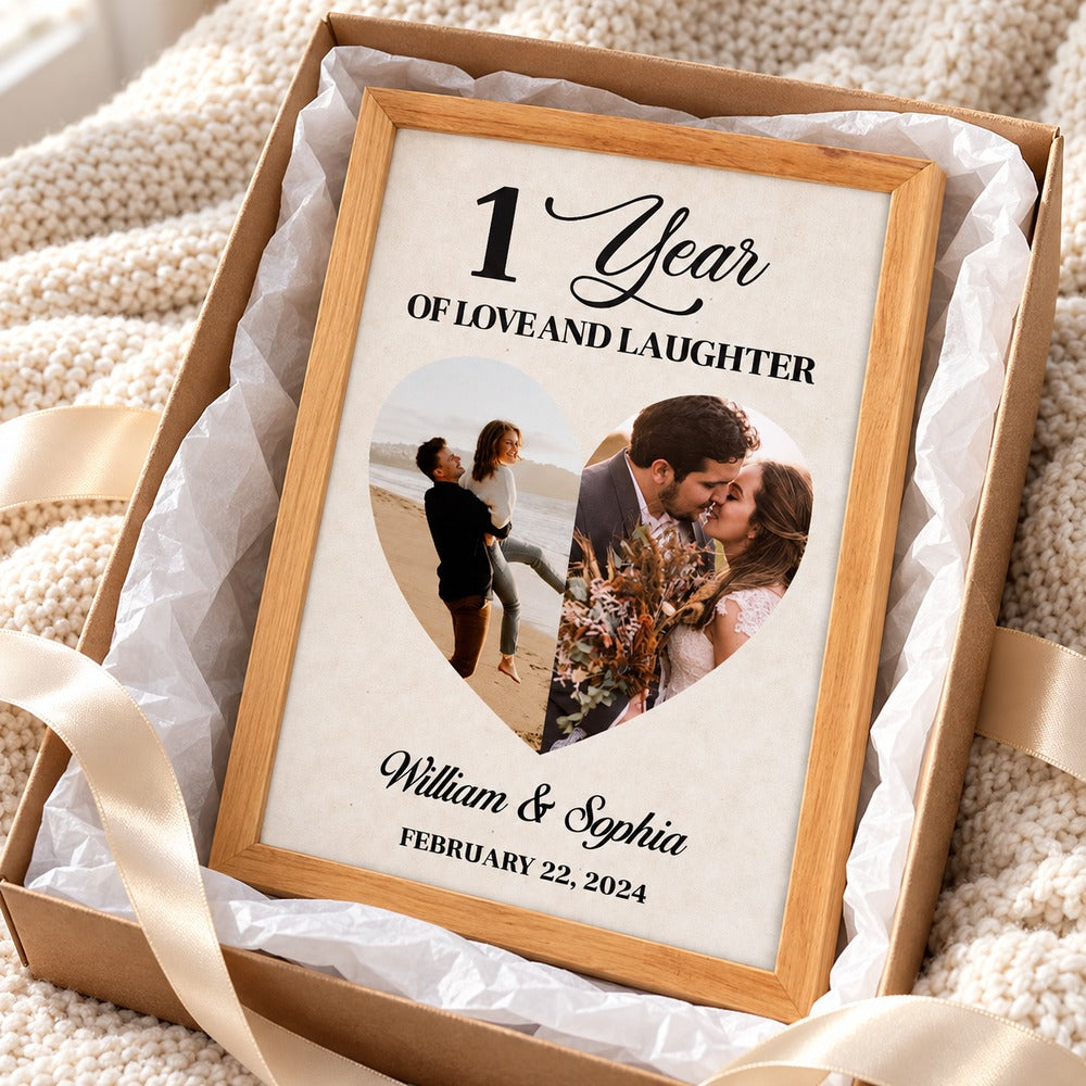 Personalized couple photo framed canvas print in open gift box with ribbon