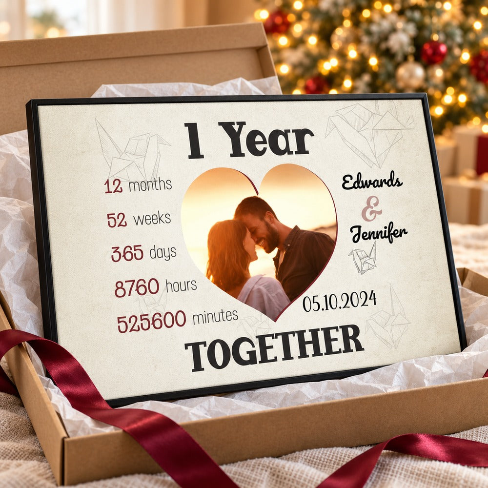 Personalized 1 Year anniversary couple canvas print next to gift box and ribbon
