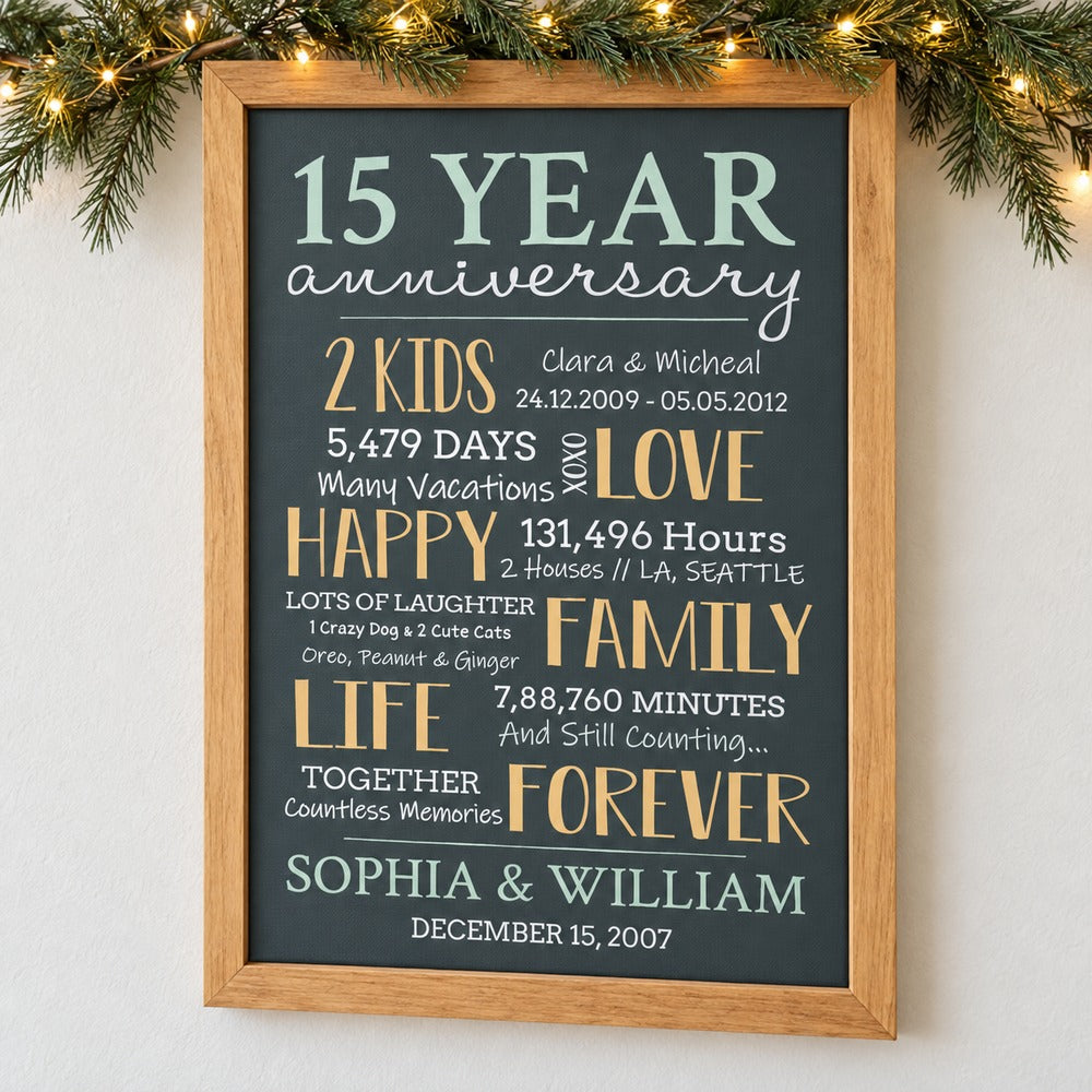 15 year anniversary personalized framed canvas print on wall with holiday garland and fairy lights