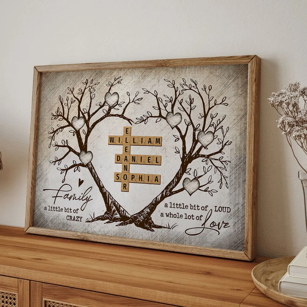 Family Heart Tree Crossword Puzzle - Personalized Horizontal Canvas - Gift For Family Members, Mom and Dad