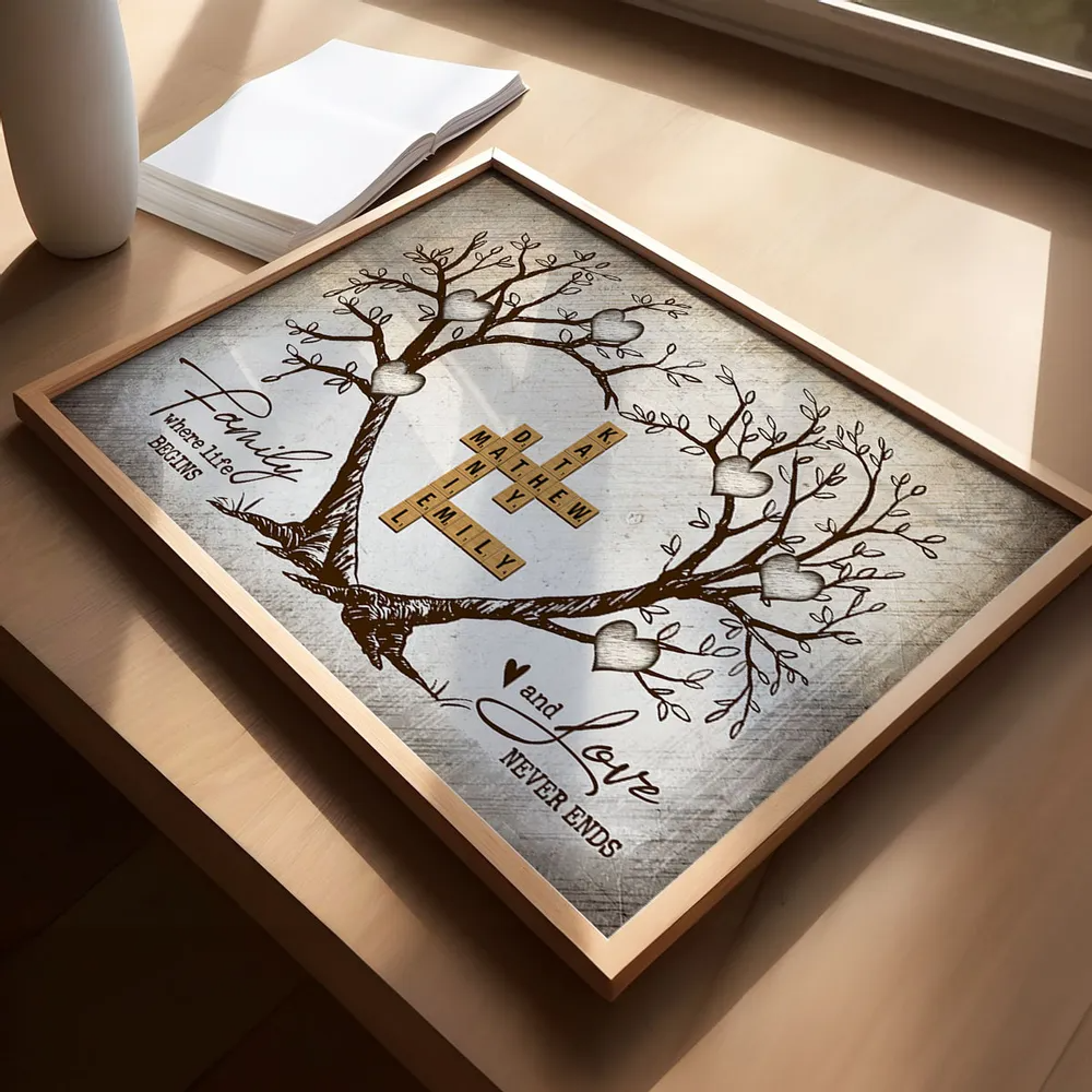 Family Heart Tree Crossword Puzzle - Personalized Horizontal Canvas - Gift For Family Members, Mom and Dad