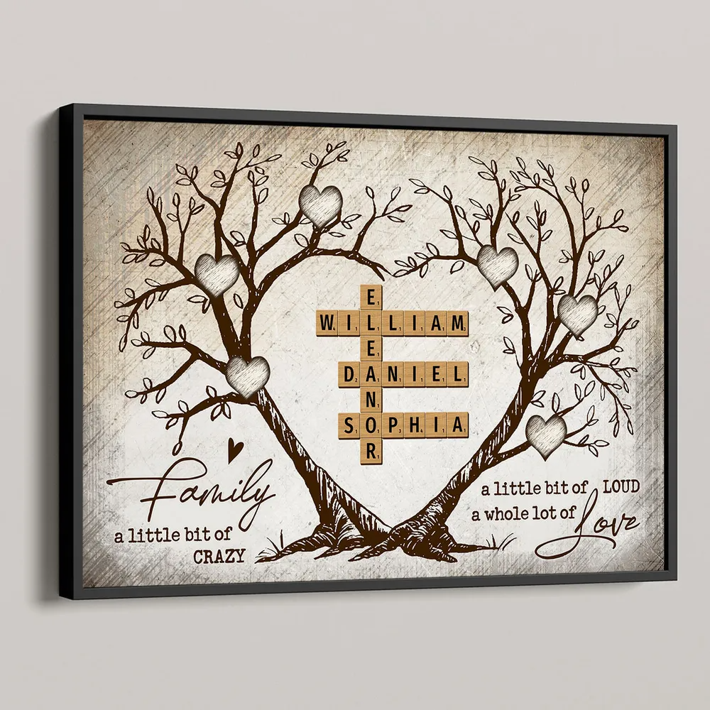 Family Heart Tree Crossword Puzzle - Personalized Horizontal Canvas - Gift For Family Members, Mom and Dad