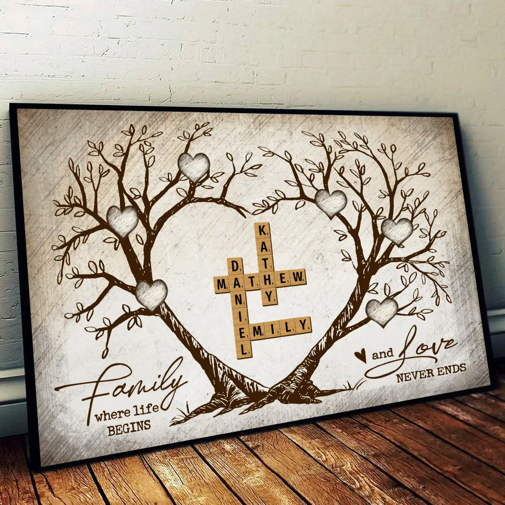 Family Heart Tree Crossword Puzzle - Personalized Horizontal Canvas - Gift For Family Members, Mom and Dad