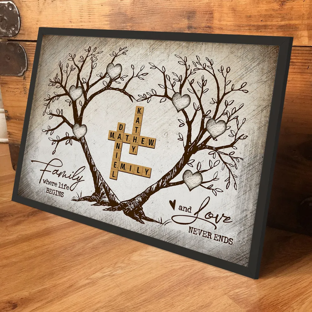 Family Heart Tree Crossword Puzzle - Personalized Horizontal Canvas - Gift For Family Members, Mom and Dad