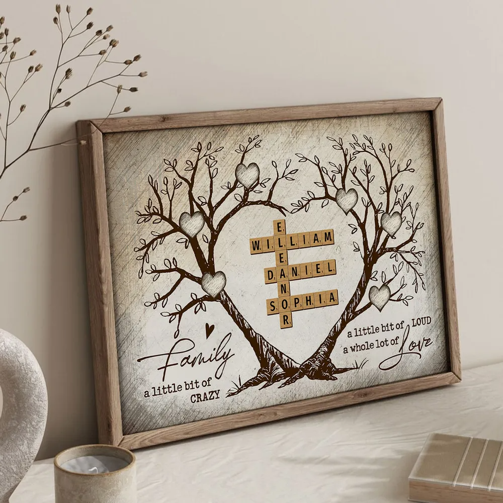 Family Heart Tree Crossword Puzzle - Personalized Horizontal Canvas - Gift For Family Members, Mom and Dad