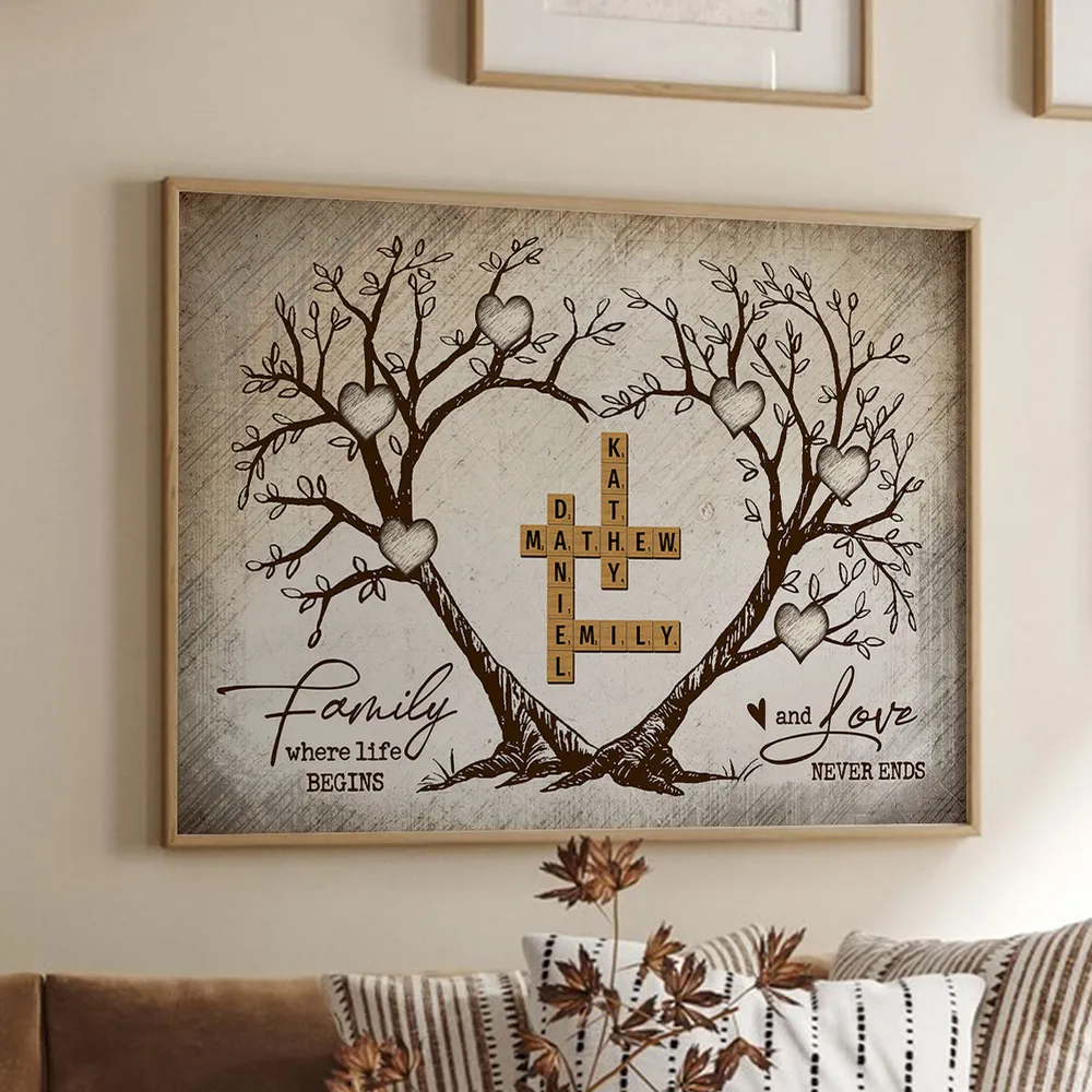 Family Heart Tree Crossword Puzzle - Personalized Horizontal Canvas - Gift For Family Members, Mom and Dad
