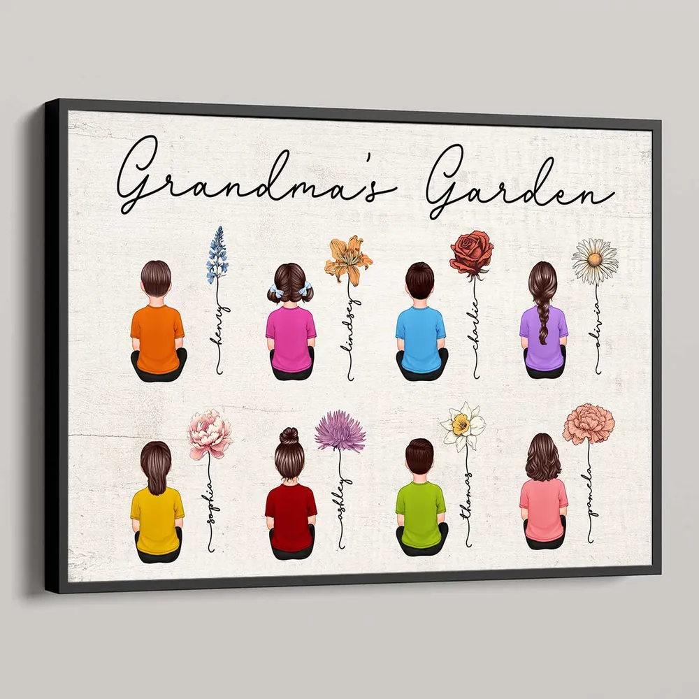 Birth Month Flowers Garden With Grandkids Names - Personalized Family Gift For Grandma, Grandpa, Grandparent | Canvas