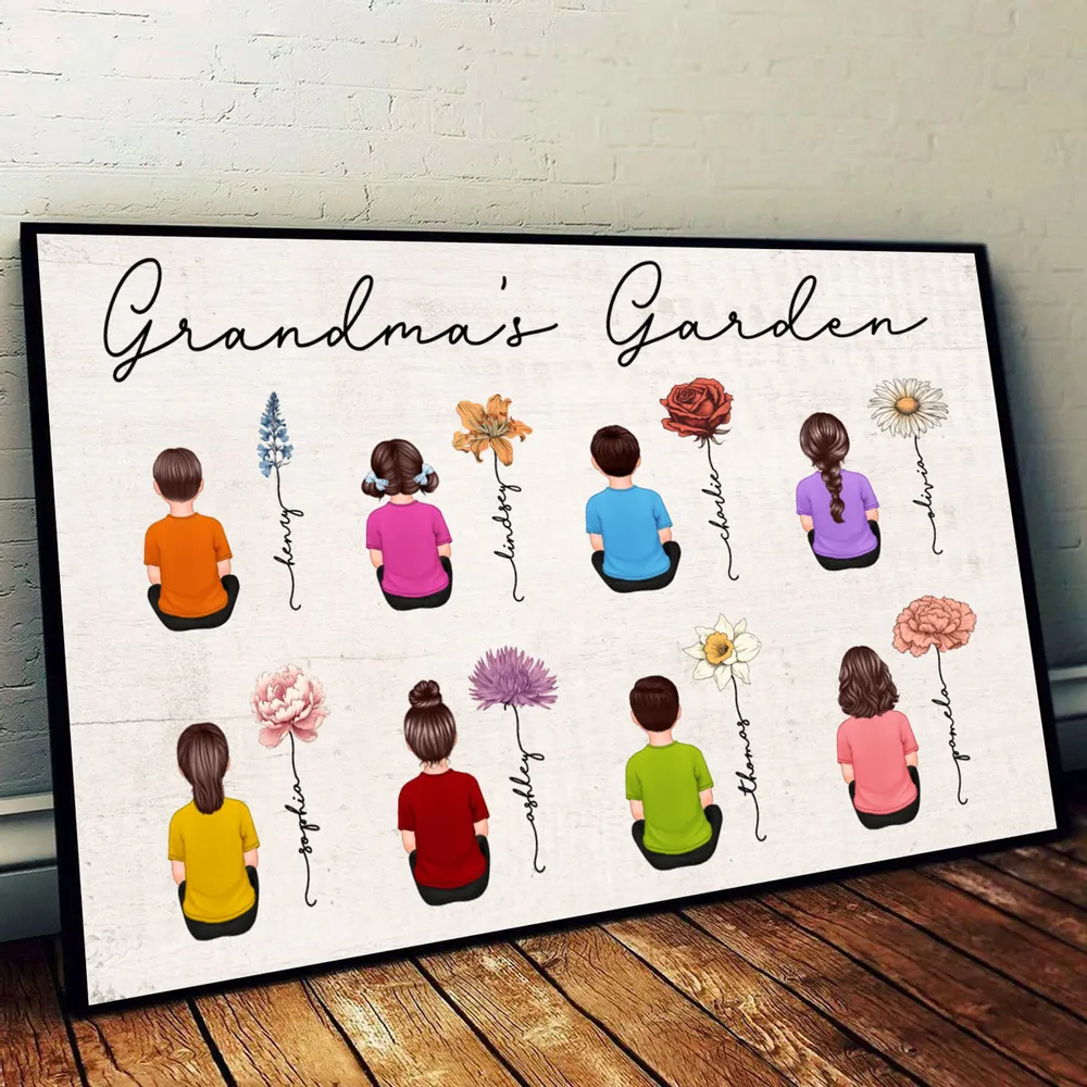 Birth Month Flowers Garden With Grandkids Names - Personalized Family Gift For Grandma, Grandpa, Grandparent | Canvas