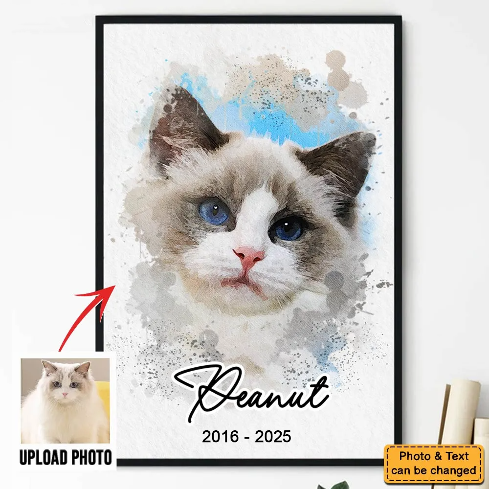 Custom Photo Watercolor Pet Portrait - Personalized Canvas Prints - Gifts for Cat Mom, Cat Dad, Pet Memorial, Pet Loss, Sympathy
