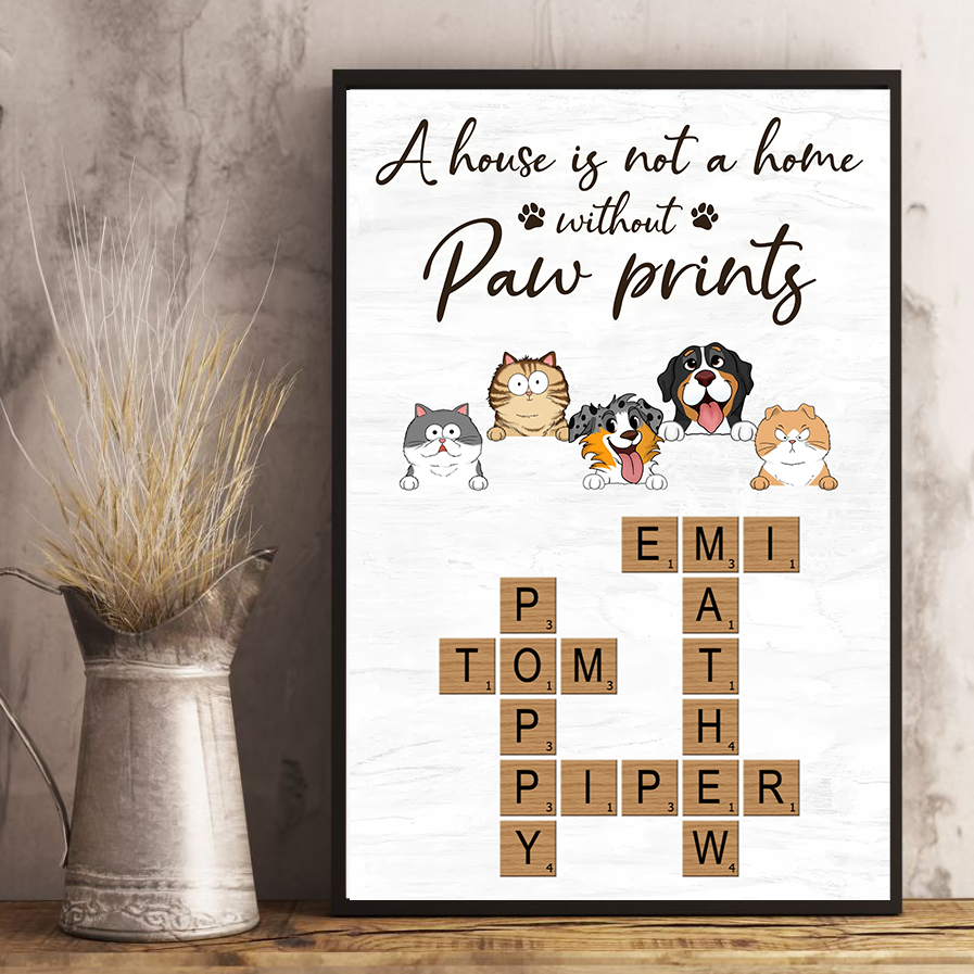 Home With Paw Prints Peeking Dog Cat Crossword Puzzle Art - Personalized Canvas Print