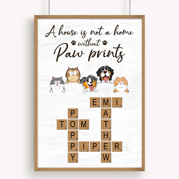 Home With Paw Prints Peeking Dog Cat Crossword Puzzle Art - Personalized Canvas Print